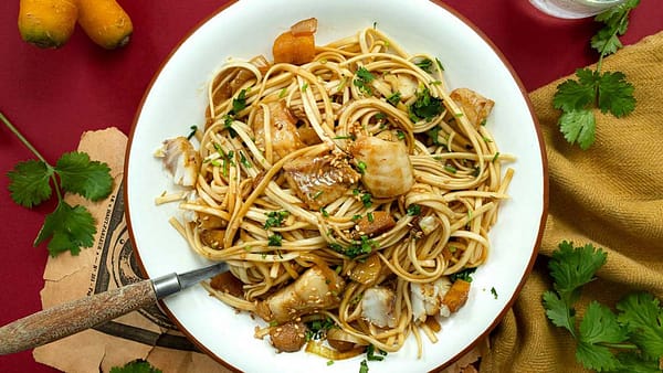 Dos de lieu noir et nouilles sautées