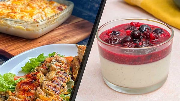 Brochettes de poulet marinées / gratin dauphinois & panna cotta