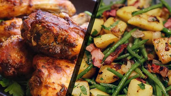 Pilon de poulet, haricots verts et pommes de terre rôties